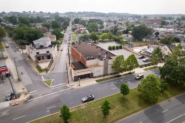 Aerial view of Kaczorowski Funeral Home on Dundalk Avenue and the surrounding neighborhood